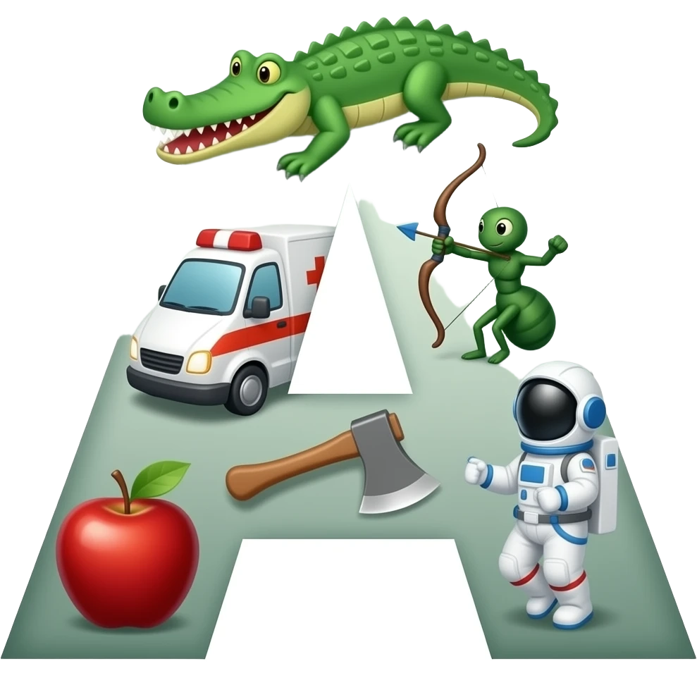 🐜🐊🏹🚑🍎🧑‍🚀🪓letter a emoji