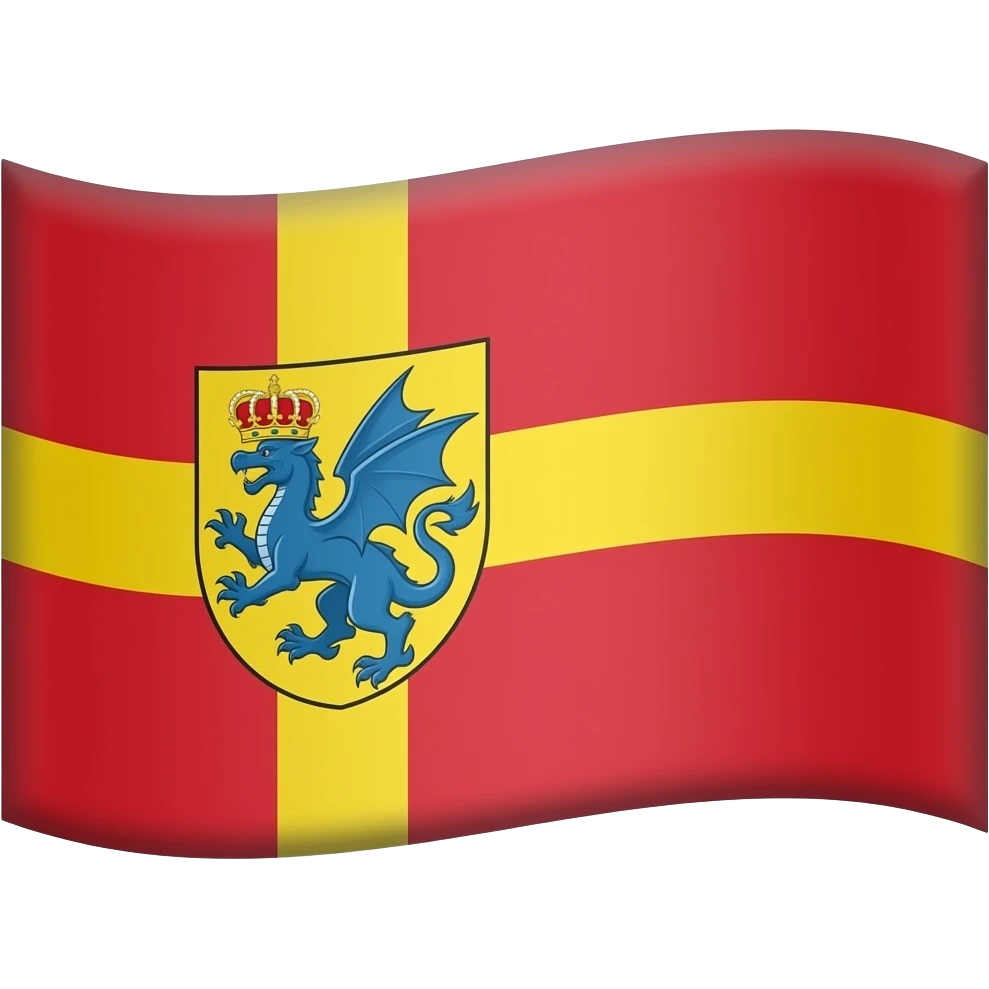 Emoji of Jacobland flag Nordic cross yellow red background where cross meets add shield yellow same color as cross and inside blue dragon red crown on top emoji