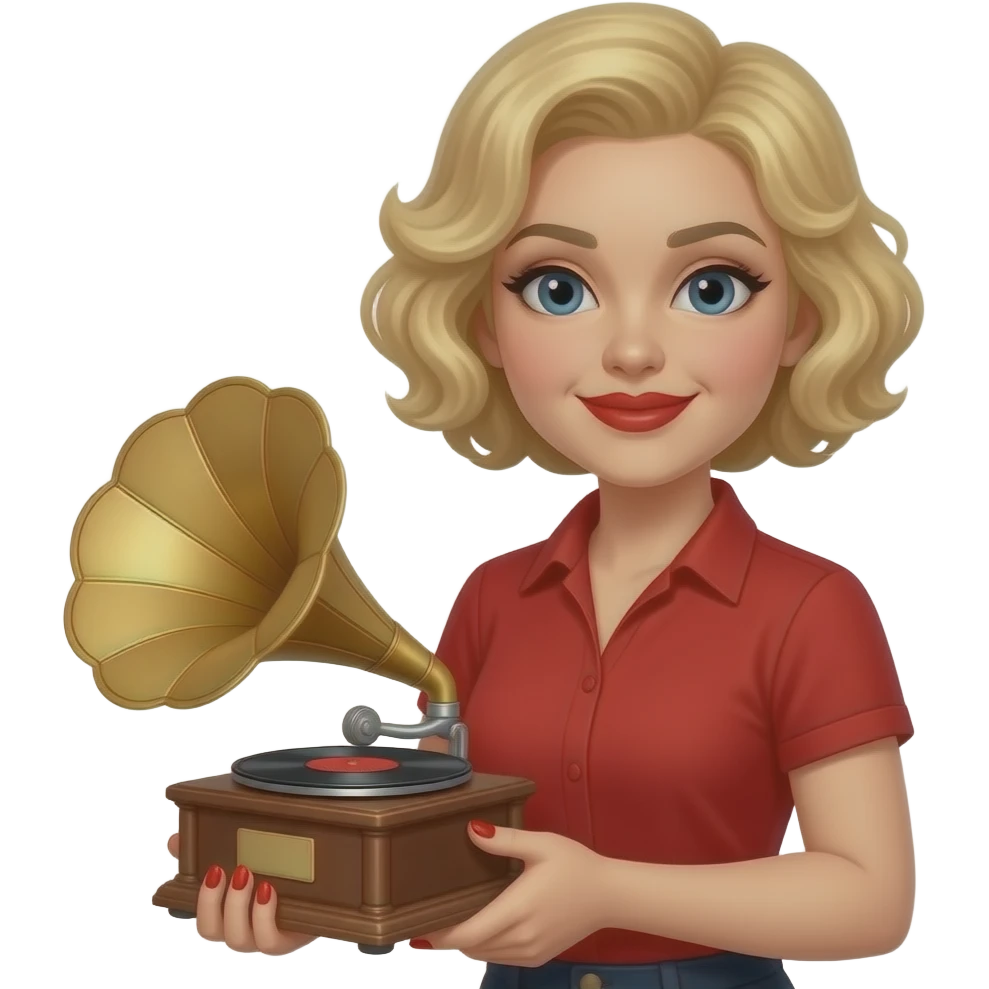 above neck Short blonde curly hair holding a victrola with red nails, in a red short sleeve shirt, red lipstick, black eyebrows emoji