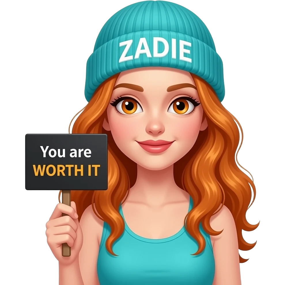 sexy girl with overlong wavy ginger hair and ginger eyes wearing a turquoise tanktop and a turquoise beanie with ZADIE written on it, is holding a black sign with You are WORTH IT written on it emoji