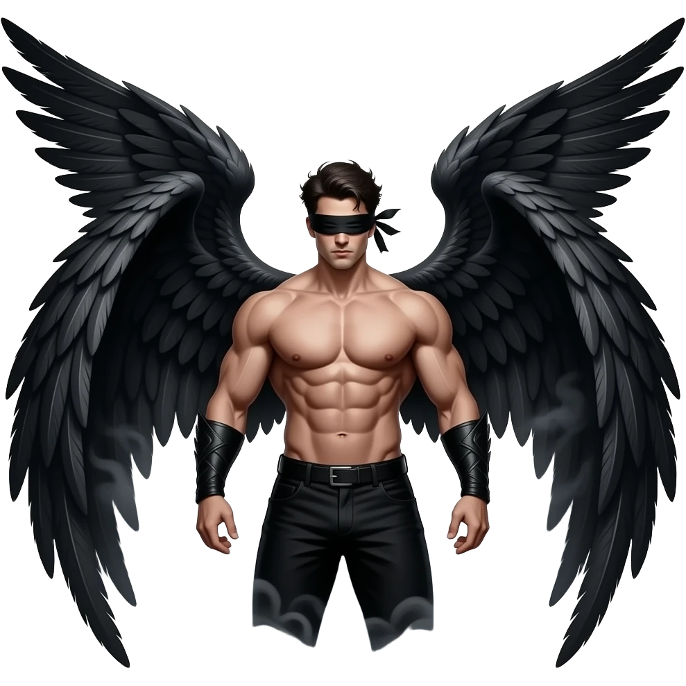 Muscular blindfolded man with massive black angel wings, dark fantasy atmosphere, dramatic pose, smoke and shadows” emoji