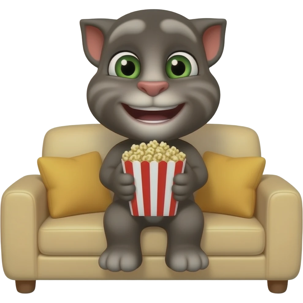 صد تاTalking TOM درحال تاماشای فیلم و روی مبل نشسته و دستش پاپ کورن است emoji