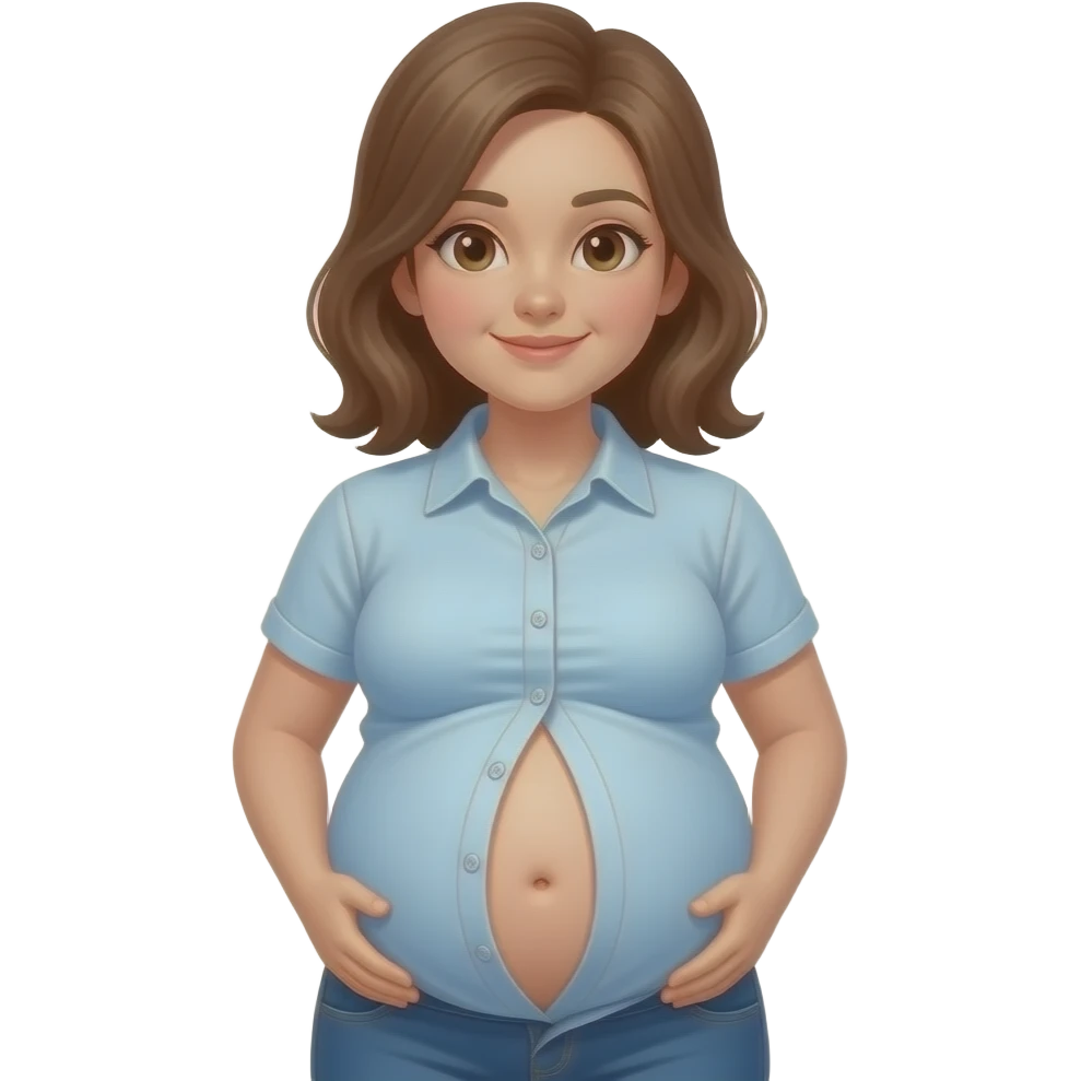 Showing a girl’s big full stomach with a bellybutton going peekaboo and her shrunk shirt losing the battle of the bulge as the poor failing clothes button pop off. emoji