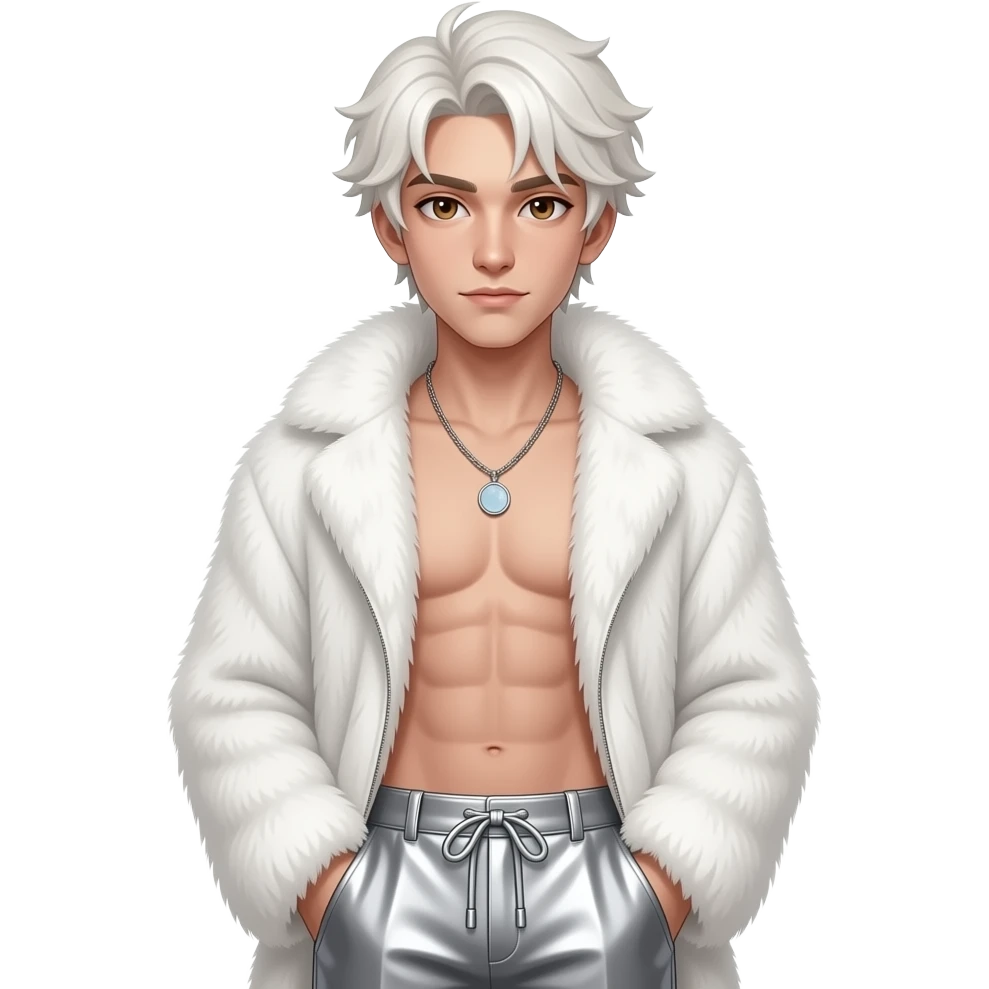 xQc with brown eyes, white blonde hair, white fur shawl, grey metallic baggy pants, shirtless with necklace emoji