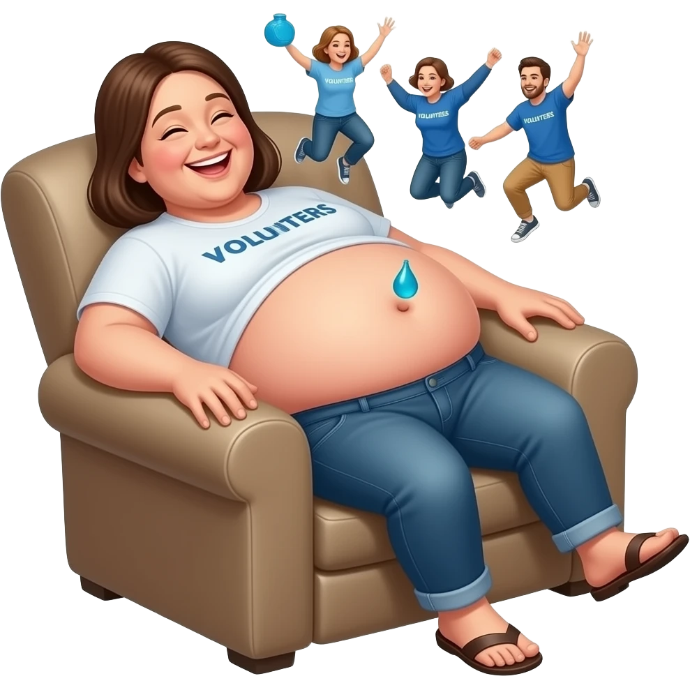 A female giant rests on a recliner sofa,with friendly gentle manner she hangs out her overfed rotund exposed belly,so the volunteer admirers can use the girl’s bouncy belly to do some jumping on like a jelly trampoline,The female giant giggles because her bellybutton is ticklish. emoji