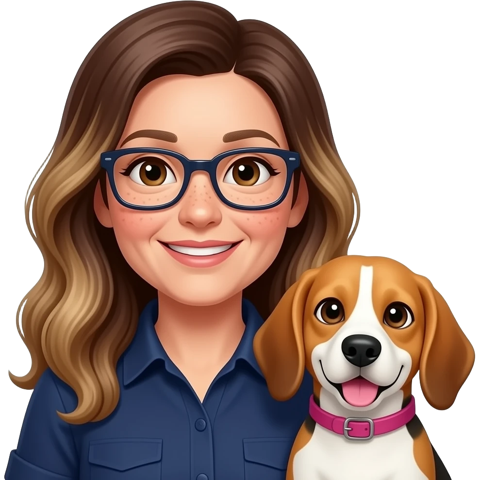 50-year-old woman with very dark brown eyes,  long brown balayage hair, parted on the left side, with pale skin and freckles, with dark navy rectangular glasses, holding a beagle that looks happy. She is wearing a navy shirt. The beagle has a pink collar. emoji