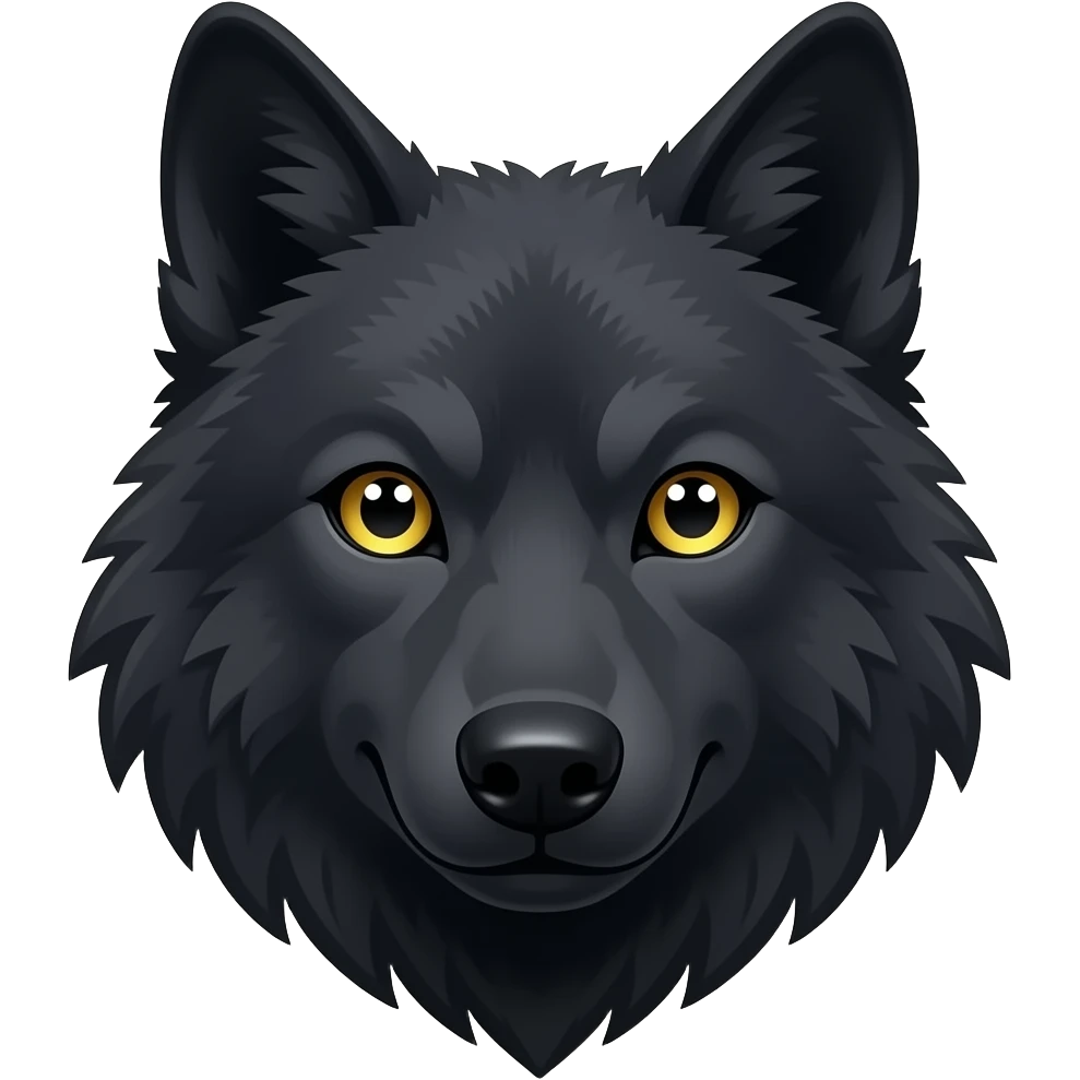 Lobo preto, apenas o rosto com uma expressão de adulto olhando para vc com olhos amarelos emoji