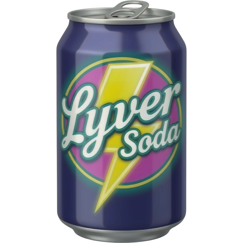 a soda can with the brand name Lyver Soda with neon colors and a lightning bolt emoji