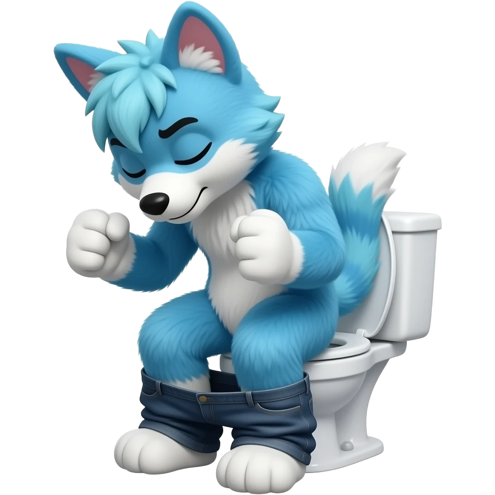 blue fursuit sitting on toilet, side view, pants down, straining, both fists, eyes closed, pushing emoji