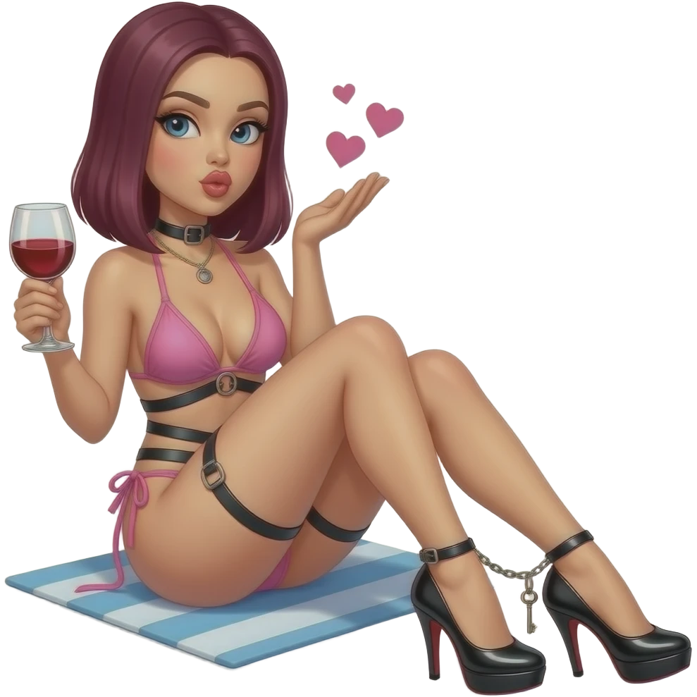 woman. burgundy, straight shoulder-length hair, sitting, sunbathing. baby pink bondage bikini. very high fetish stiletto heels. Ankle chain with small key attached. glass of red wine in one hand. blowing kiss and pink hearts with other hand emoji