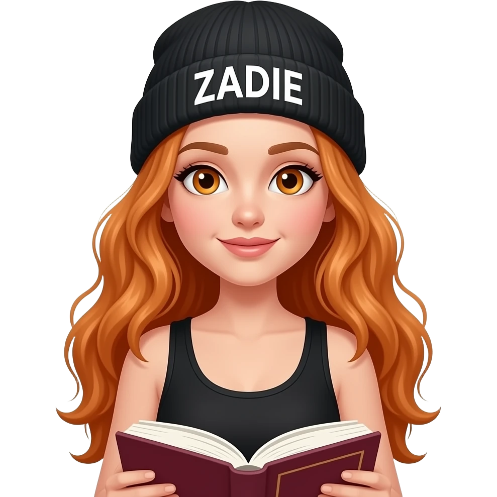 sexy girl with overlong wavy ginger hair and ginger eyes wearing a black tanktop and a black beanie with ZADIE written on it,  is reading a book emoji