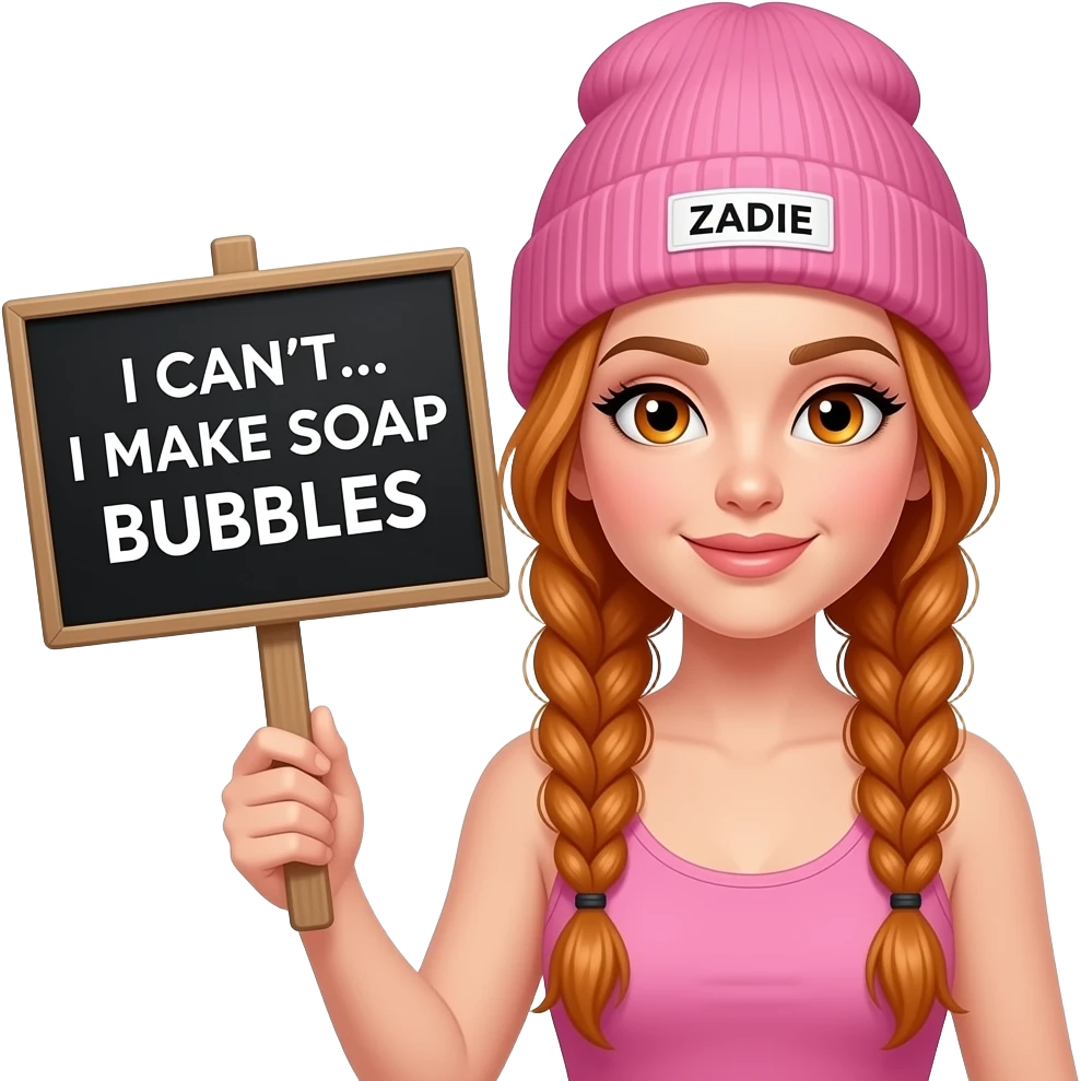 sexy girl with overlong ginger braids and ginger eyes wearing a pink tanktop and a pink beanie with ZADIE written on it, is holding a black sign with ICH KANN NICHT... ich mache SEIFENBLASEN written on it emoji