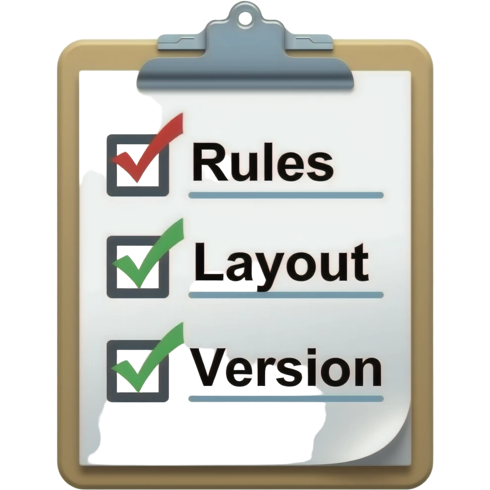 make an emoji of a checklist clipboard saying rules, layou, and version emoji