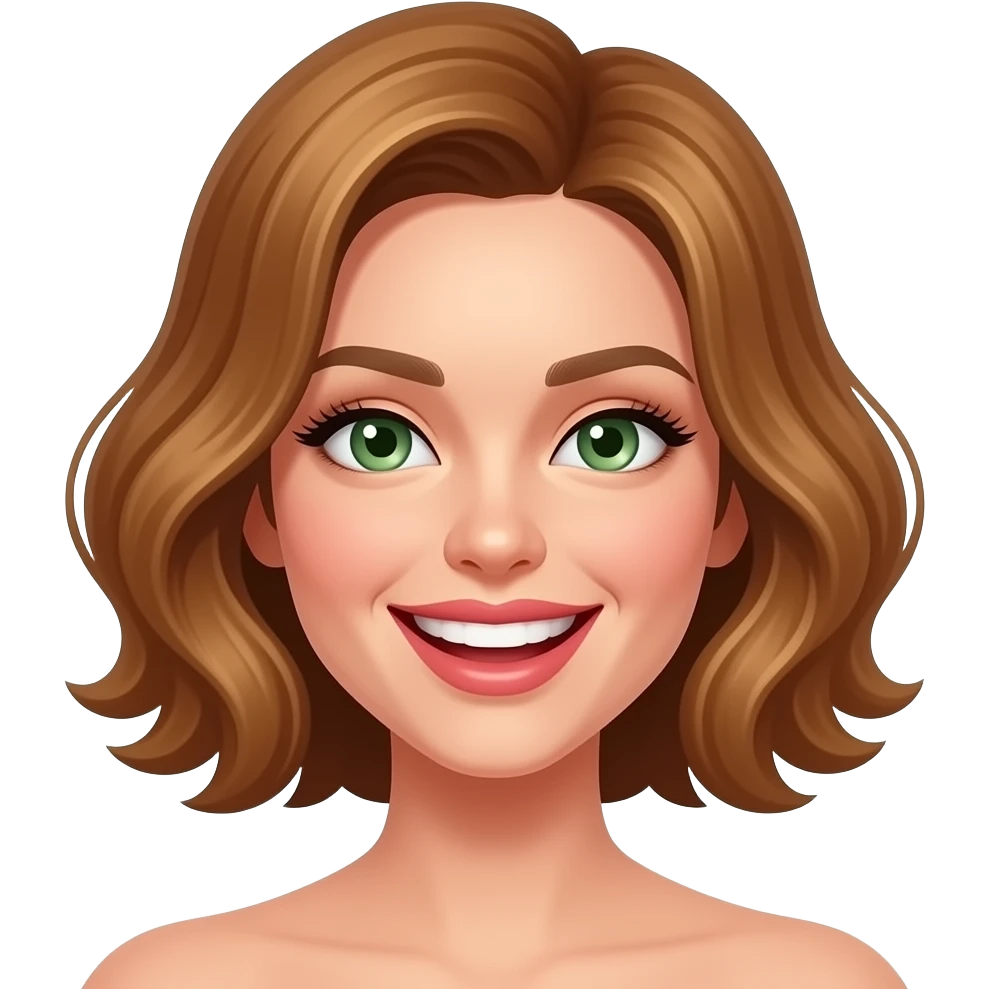 white, very beautiful woman, with big plump lips, long long lashes, honey wavy short hair, green eyes, laughing emoji