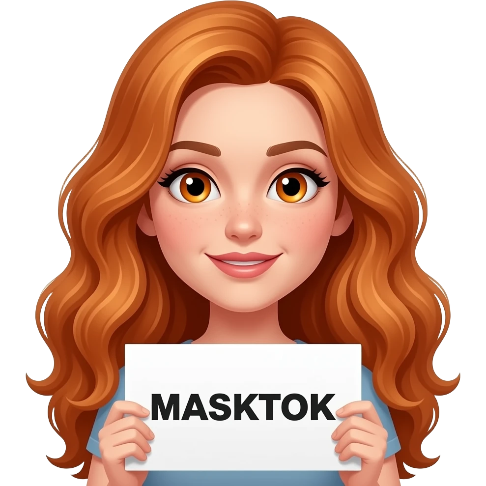 sexy girl with long wavy ginger hair and ginger eyes wearing a top is holding a MASKTOK sign emoji