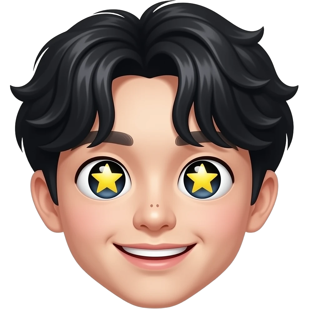 cheerful smile face emoji, extremely big yellow star eyes, Korean boy idol features, black fluffy wavy bangs, small mole under right eye, high nose, only face emoji