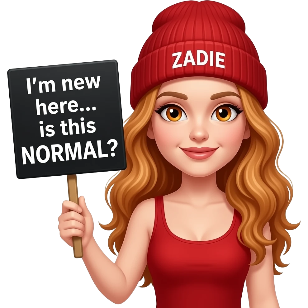 sexy girl with overlong wavy ginger hair and ginger eyes wearing a red tanktop and a red beanie with ZADIE written on it, is holding a black sign with I'm new here... is this NORMAL? written on it emoji