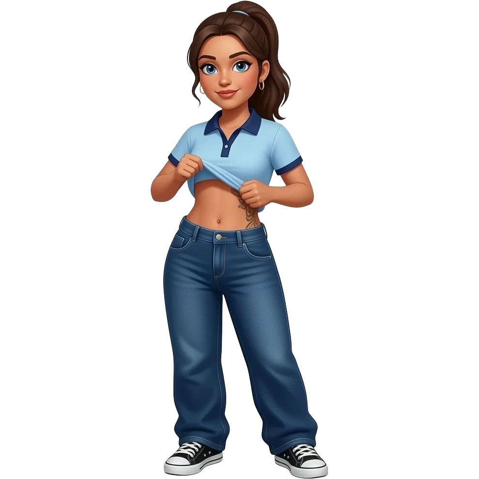 Hispanic woman with brown ponytail and blue eyes light blue dark blue lined polo and dark blue baggy jeans and belly button and black and white sneakers lifting her shirt belly tattoo on front emoji