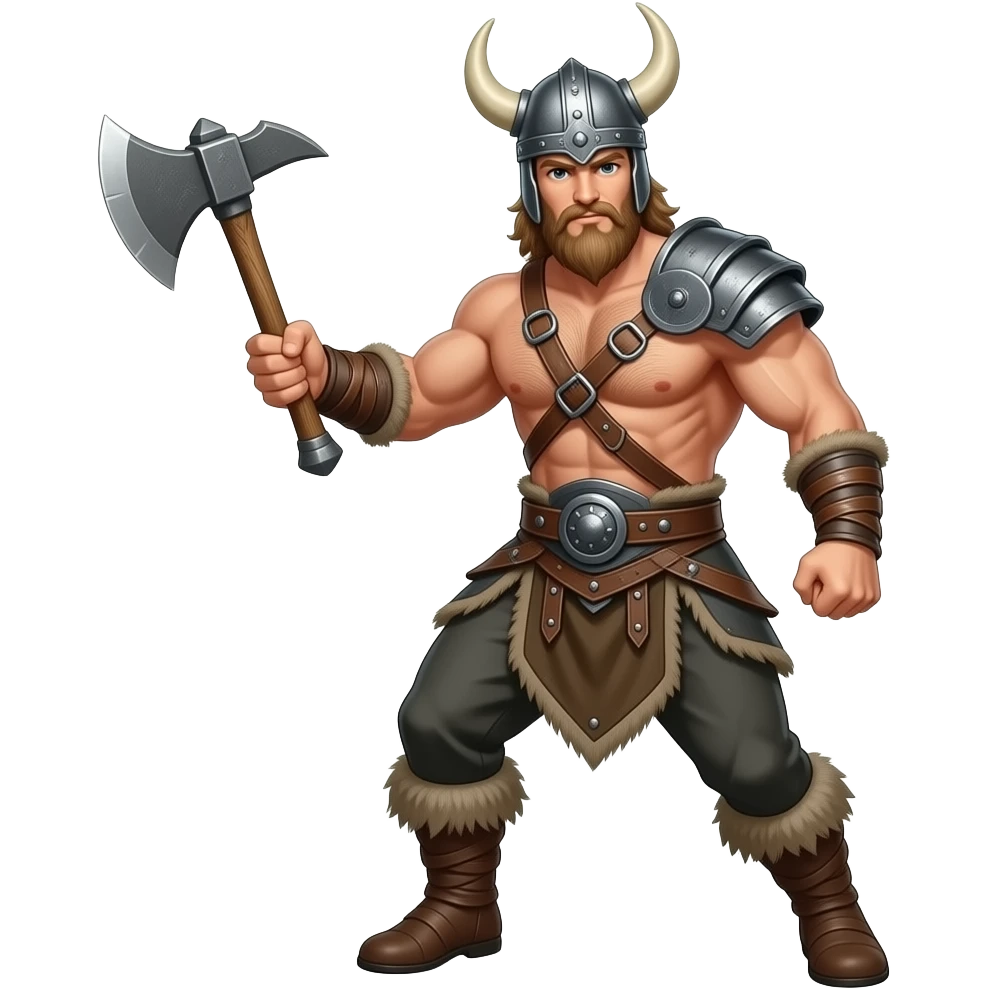 Vikinger mit nackten maskulinen Oberkörper und einer behaarten und starker Brust, mit Leder Riemen und Schulterpanzer. Er schwinkt eine Axt und trägt ein Helm mit Hörnern emoji
