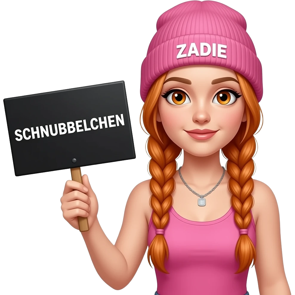 sexy girl with overlong ginger braids and ginger eyes wearing a pink tanktop and a pink beanie with ZADIE written on it, is holding a black sign with SCHNUBBELCHEN written on it emoji