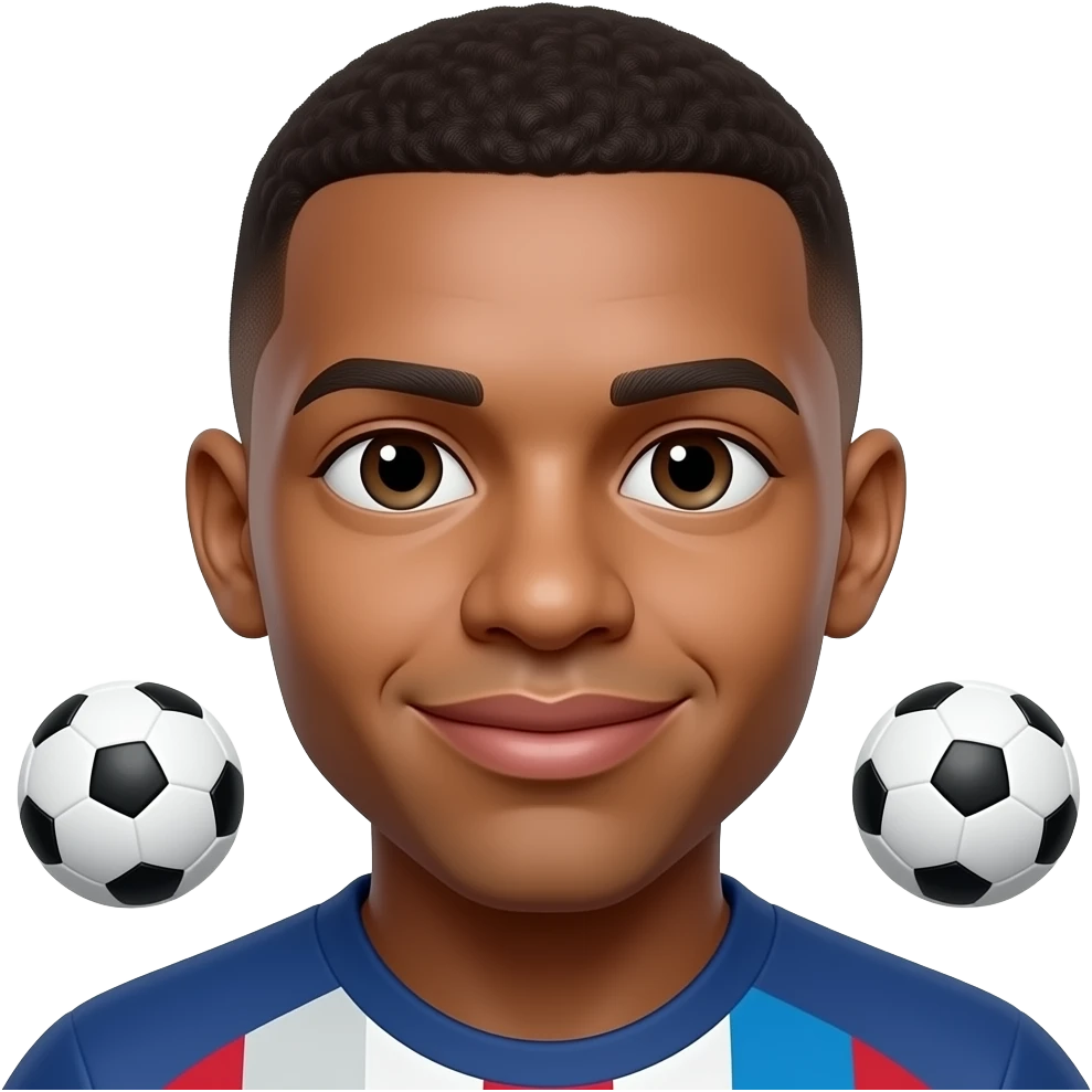 Mbappe-inspired 3D emoji, same face every time, 2 tiny footballs floating in background, face fully visible. emoji
