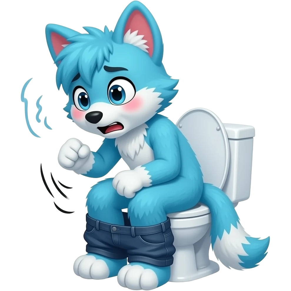 blue fursuit sitting on toilet, side view, pants down, straining face, blushing face, pain, pushing, both fits, discomfort, grunting emoji