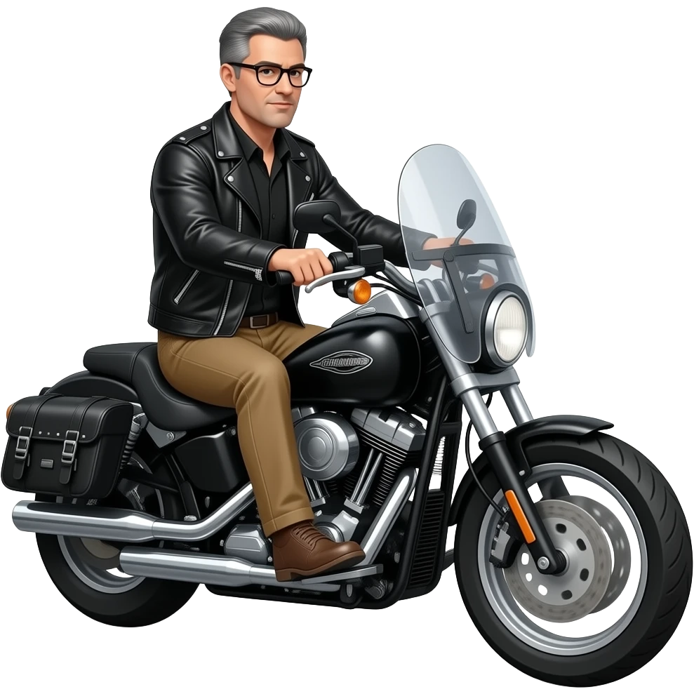 Black and gray short hair clean shaven man with no beard in black leather jacket and black shirt and tan pants riding on a harley with a windshield and saddlebags emoji