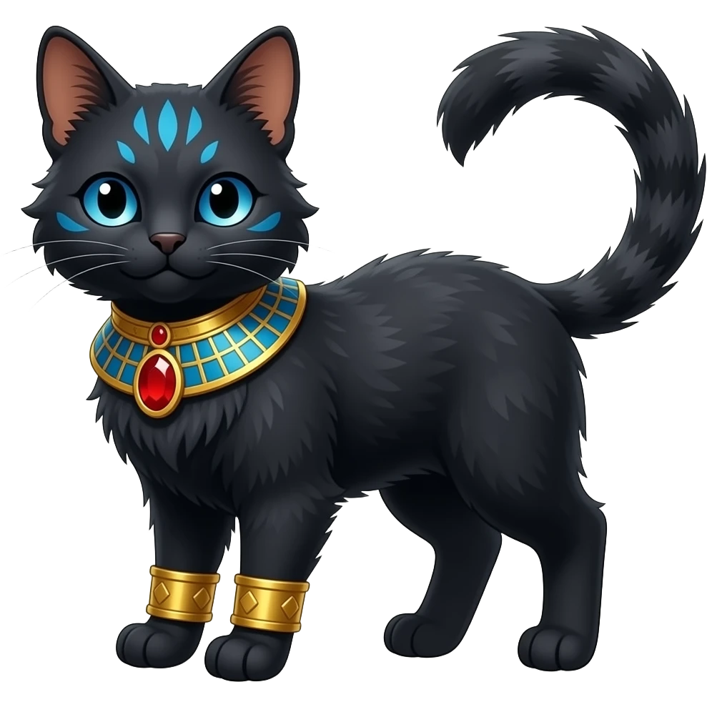 Realistic furry fuzzy Black godly overpowered ethereal majestic oriental ancient Lykoi-Caracal-Cat-Fakemon. With gold bangles, red rubies, Egyptian blue eye corner markings makeup, long thin tufted tail emoji