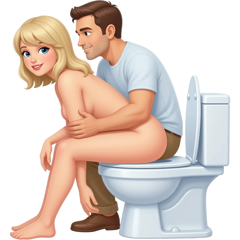 Woman nude on toilet with man behind her butt emoji