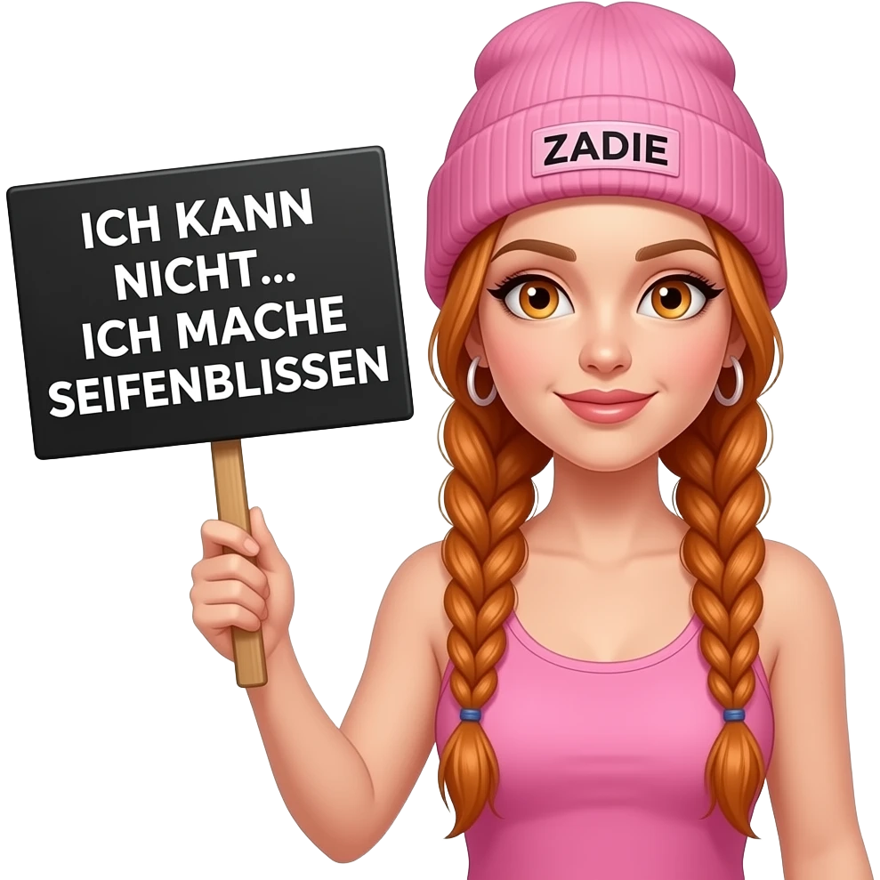 sexy girl with overlong ginger braids and ginger eyes wearing a pink tanktop and a pink beanie with ZADIE written on it, is holding a black sign with ICH KANN NICHT... ICH MACHE SEIFENBLASEN written on it emoji