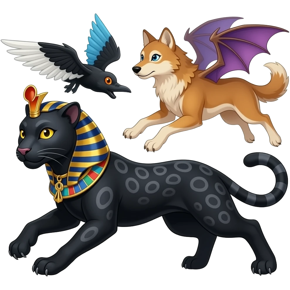 an egyptian black panther playfully crouching with dark grey markings in its black fur and golden yellow eyes. an ankh necklace around its neck. Leaping at a russet brown wolf with black white and blue crow wings and orange eyes and a tan wolf with small purplish draconic succubi wings and blue eyes emoji