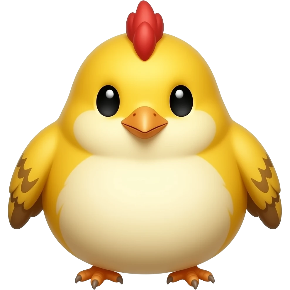 Apple emoji-style 3D cute bird, small round body, tiny wings, short beak, small red comb, soft glossy texture, warm yellow and cream colors, chubby adorable shape, simple white background, centered composition, minimal cute icon style. Not a duck, not a parrot, emoji