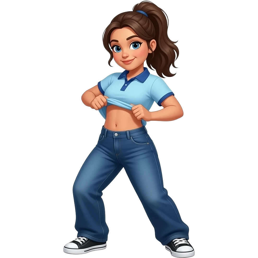 Hispanic woman with brown ponytail and blue eyes light blue dark blue lined polo and dark blue baggy jeans and belly button and black and white sneakers lifting her shirt funny belly trick emoji