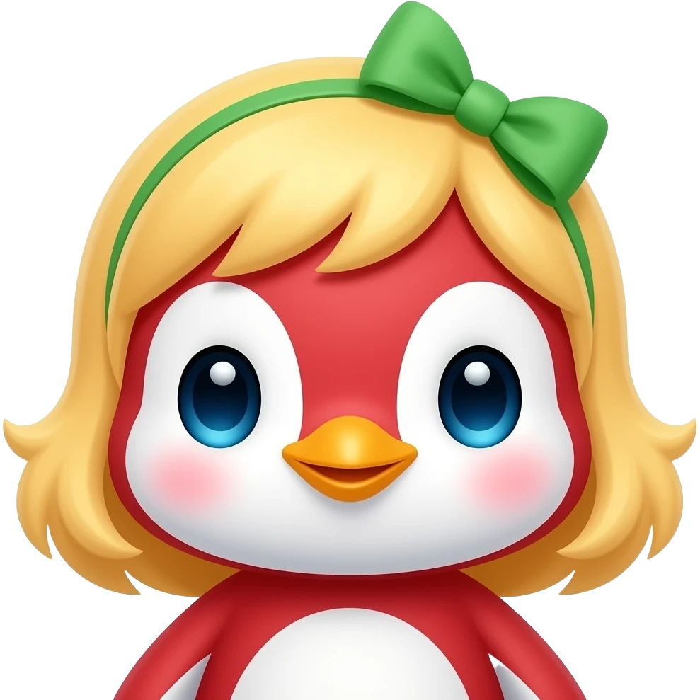 baby red penguin with blond hair and green hairbow, just face emoji