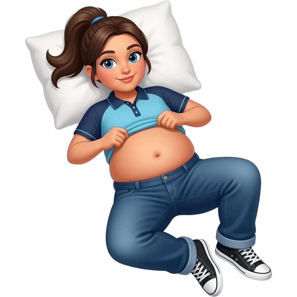 Hispanic girl with brown ponytail and blue eyes light blue and dark blue polo and dark blue baggy jeans and white and black sneakers and belly button laying down on her pillow on her bed lifting her shirt to show her obese belly emoji