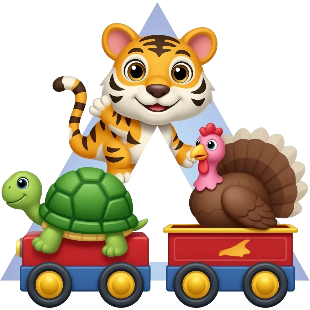 Tiger,tortoise and turkey ride the triangle train letter T emoji