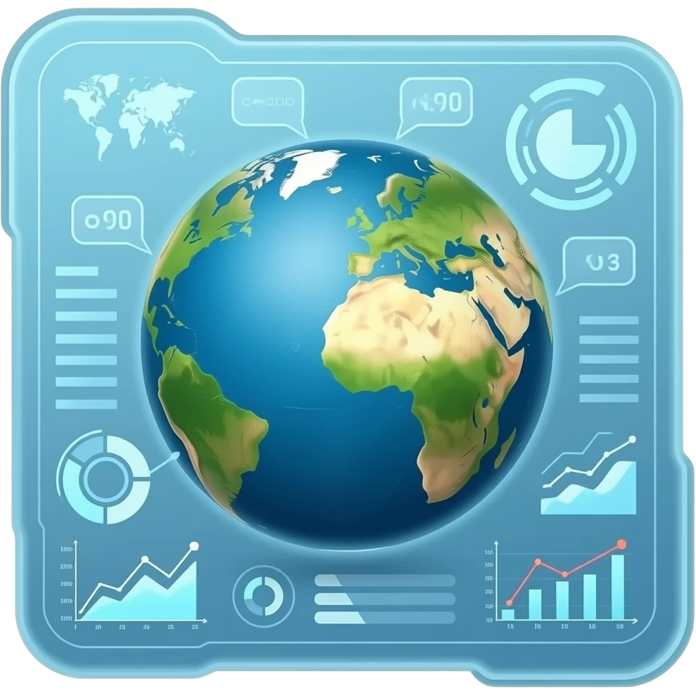 A futuristic HUD showing planet earth and little data callouts with graphs emoji