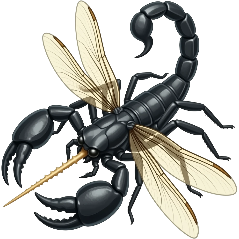 A "black widow spider", with dragonfly wings and a scorpion tail, scorpion pinchers,  and stinger posed to strike emoji
