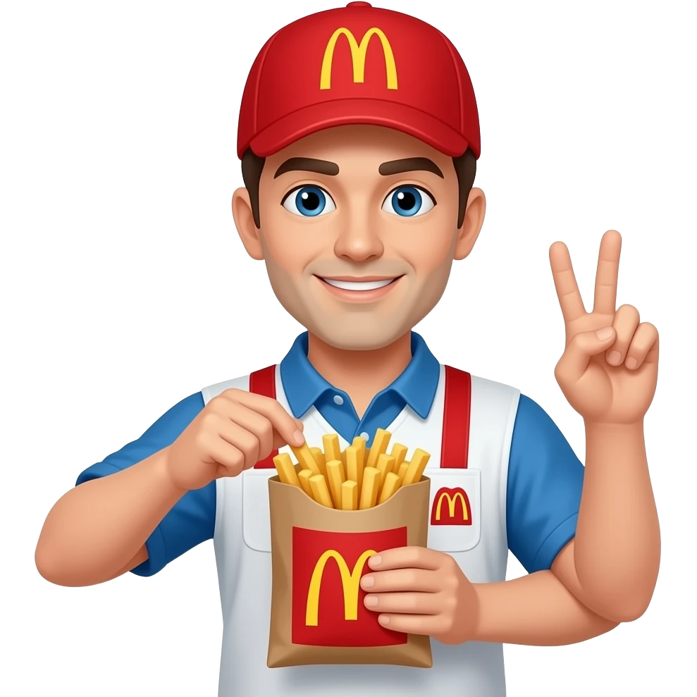 mcdonalds worker putting fries in the bag with a peace sign emoji