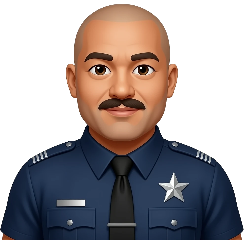 fat filipino male police officer blue uniform with star badge, bald, pointed moustache, darker skin, fatter face emoji