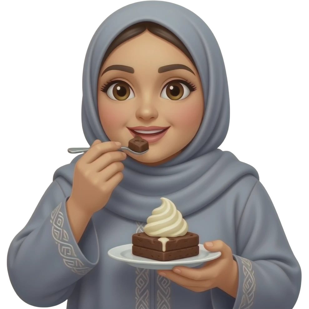 big woman eating brownie  wearing abaya ice cream scoop on top of brownie emoji