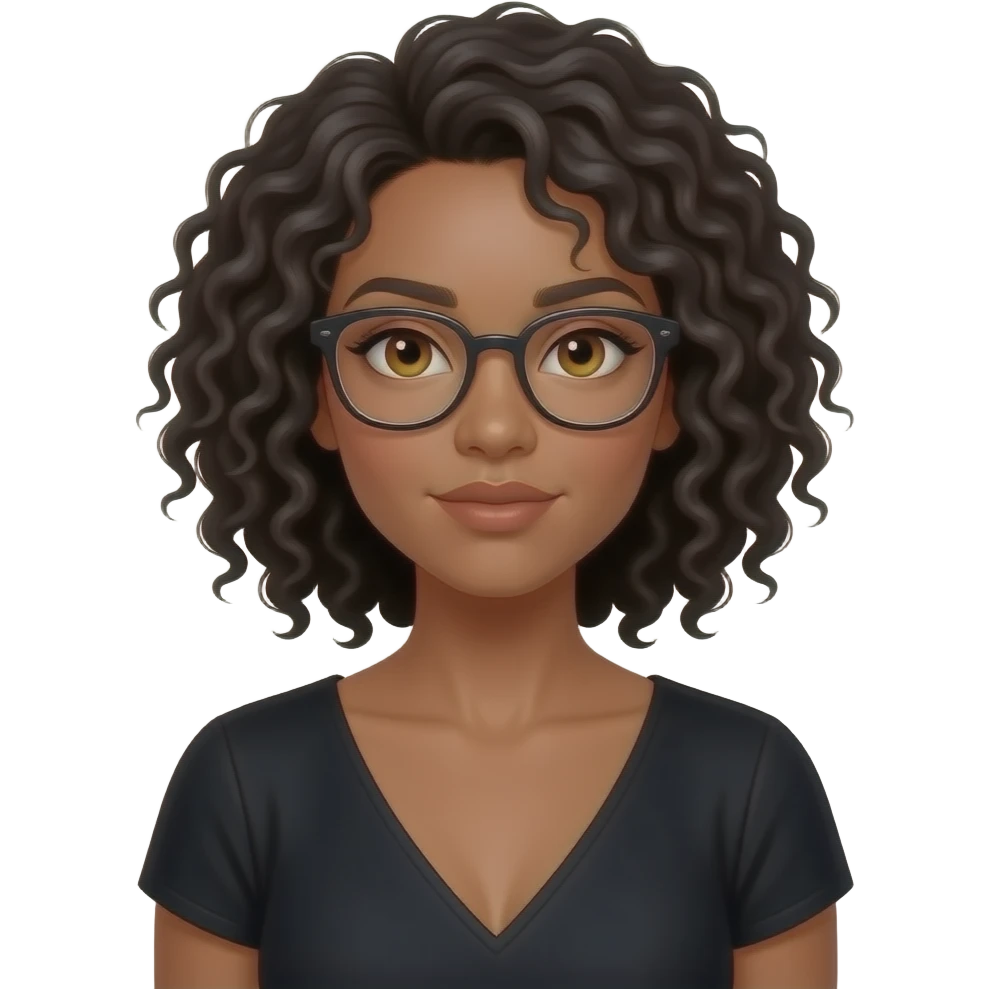 Realisting woman sexy posing elegant black dress model looking calm wearing glasses with honey colored eyes and curly black hair emoji