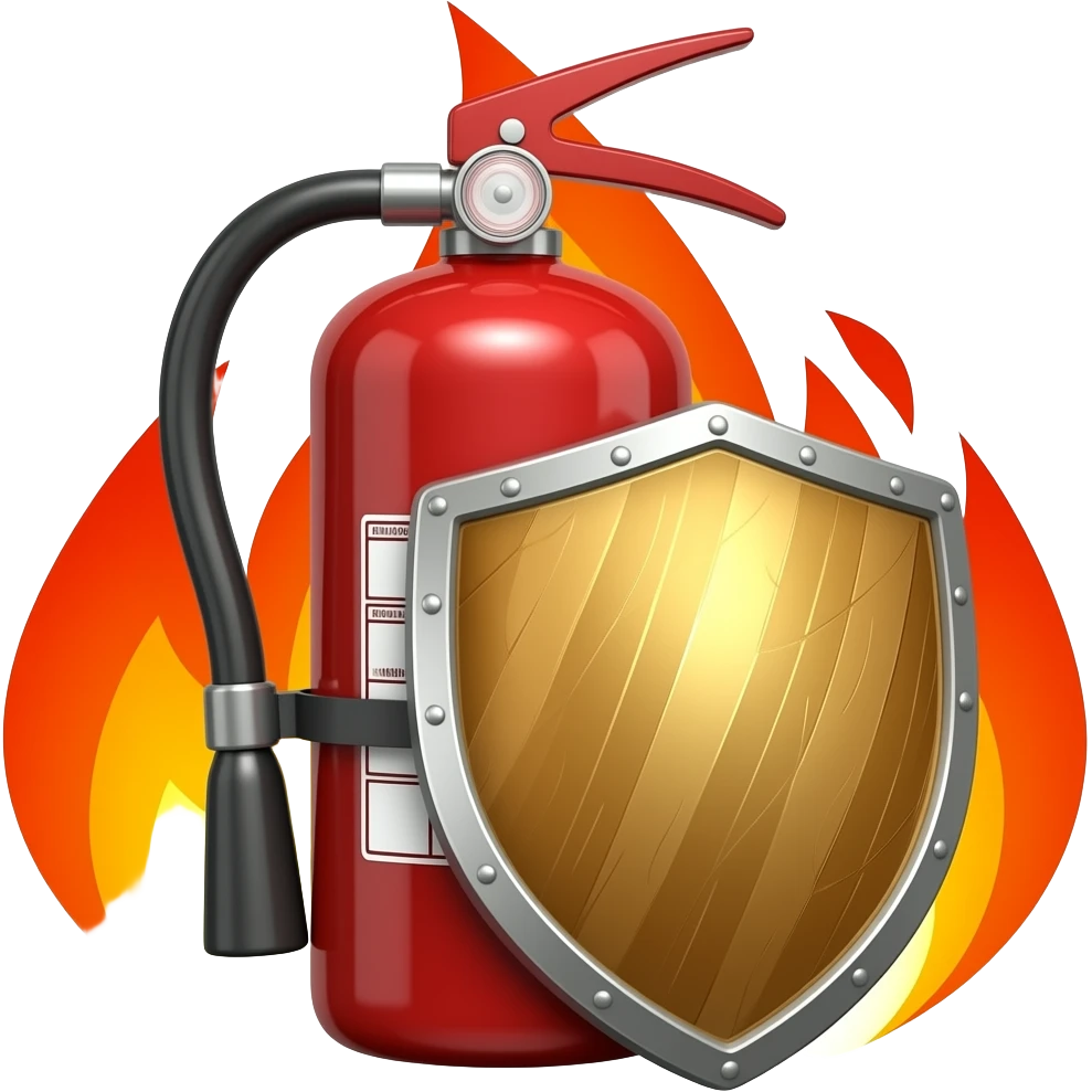 fire extinguisher with a shield and fire behind emoji | AI Emoji Generator