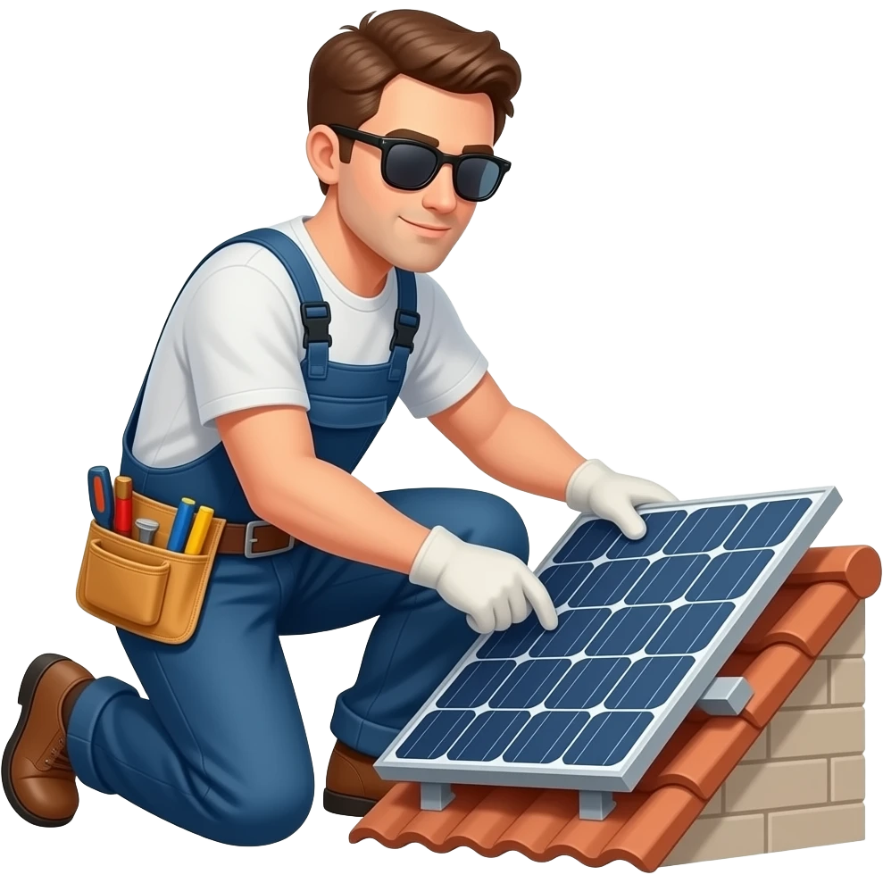 iphone style emoji of a technician squatting on a roof, installing a solar panel. The technician wears a tool belt and sunglasses. Minimalist style, vibrant blue and yellow colors, thick outlines, isolated on a white background. emoji