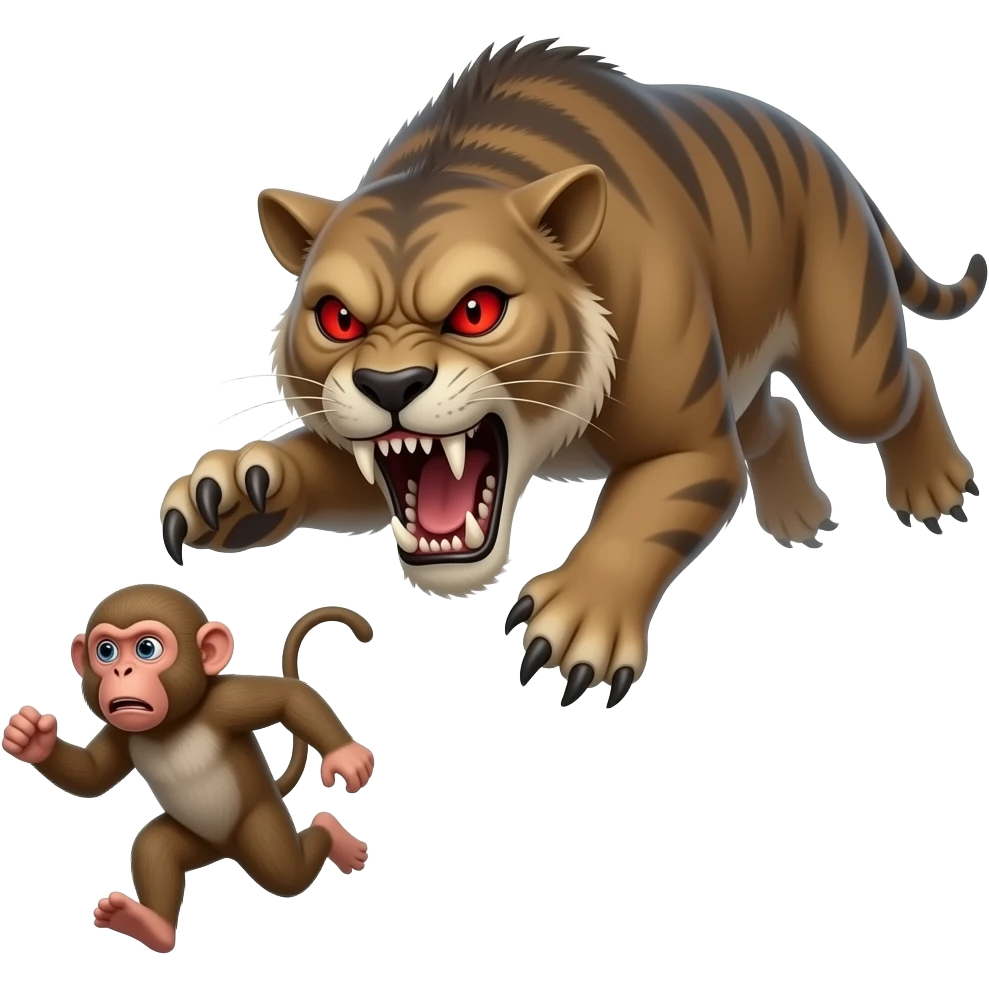 Smilodon jumpscare red eyes scary appearance scaring macaques running away from it emoji