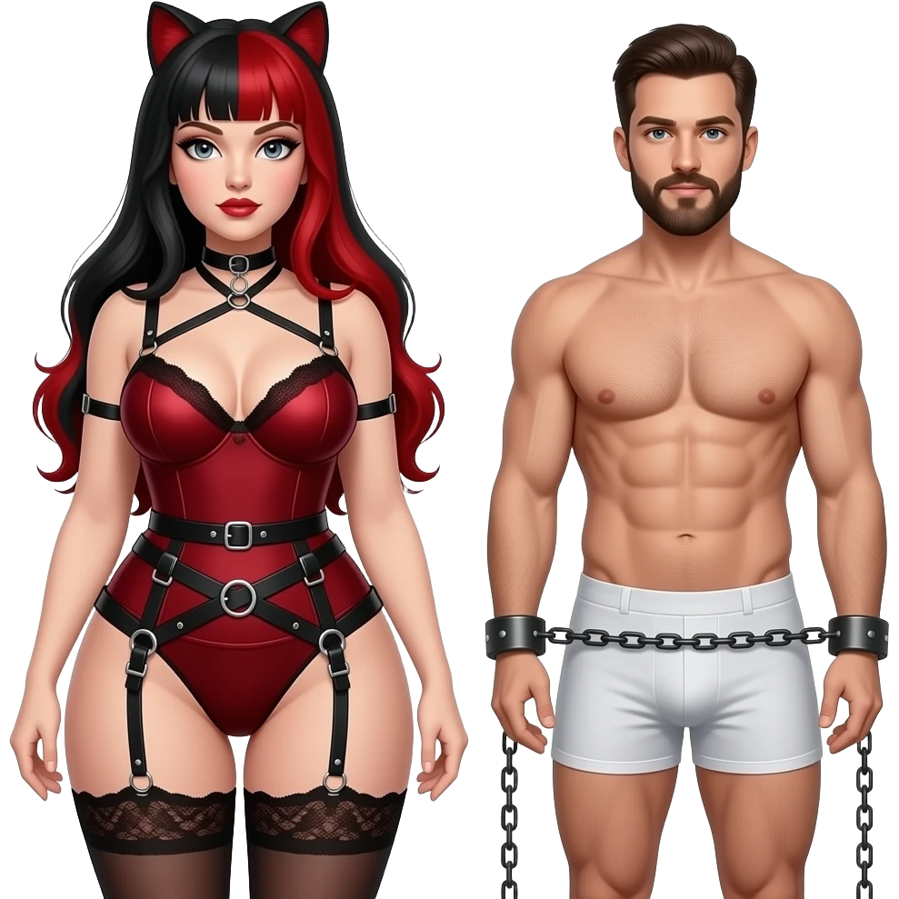 Dominatrix wearing a darkred bdsm style harness lingerie. White skin, chubby, dark Make the girl have long red and black hair no bangs and male partner in boxers getting chained up with goatee facial hair emoji