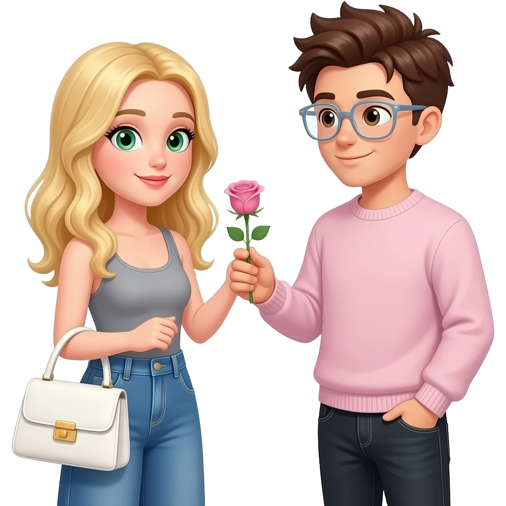fille aux cheveux blond avec un jean large bleu et un débardeur gris un sac à main blanc des yeux verts gris qui donne une rose à un garçon avec les cheveux et les yeux marrons les cheveux en pétard des lunettes transparente un sweet rose pale et un pantalon noir en jean emoji
