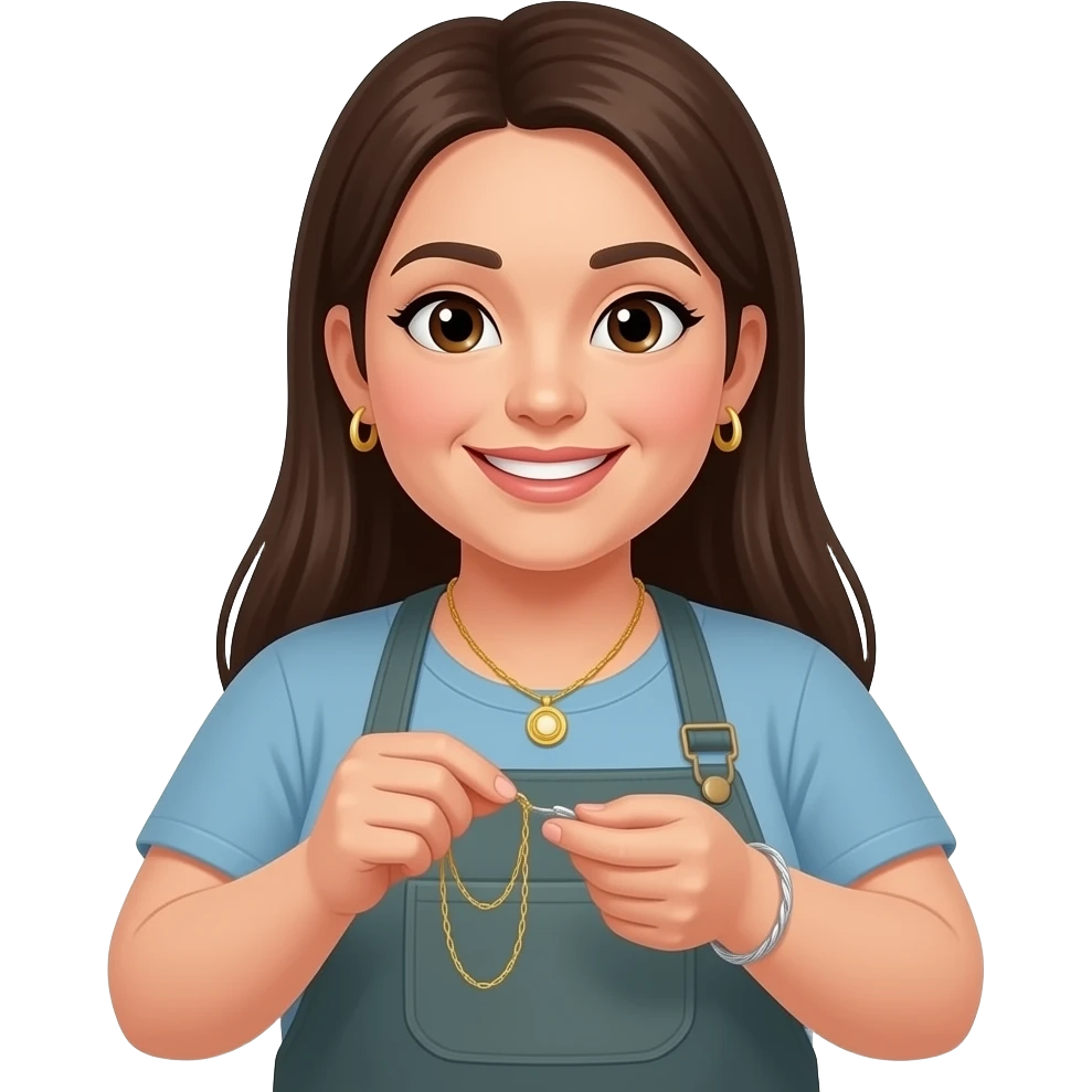 A woman in her 20s with long, straight brown hair; she is slightly overweight, has a cheerful disposition, and is a jewelry maker who works with gold and silver emoji