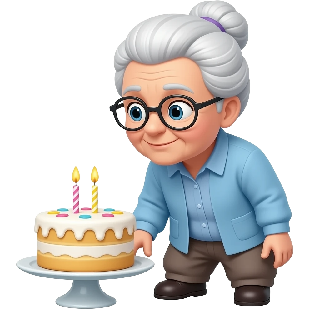 Grandma is blowing out candles on her birthday cake. There are two candles, for her age, which is 78 emoji