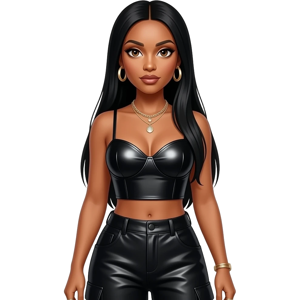 Aaliyah with brown eyes, long black straight hair, black metallic sweetheart crop top, black metallic baggy pants, necklace and earrings emoji